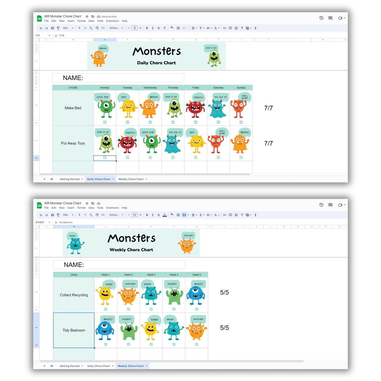 Weekly Chore Chart Spreadsheet Templates For Kids Pak