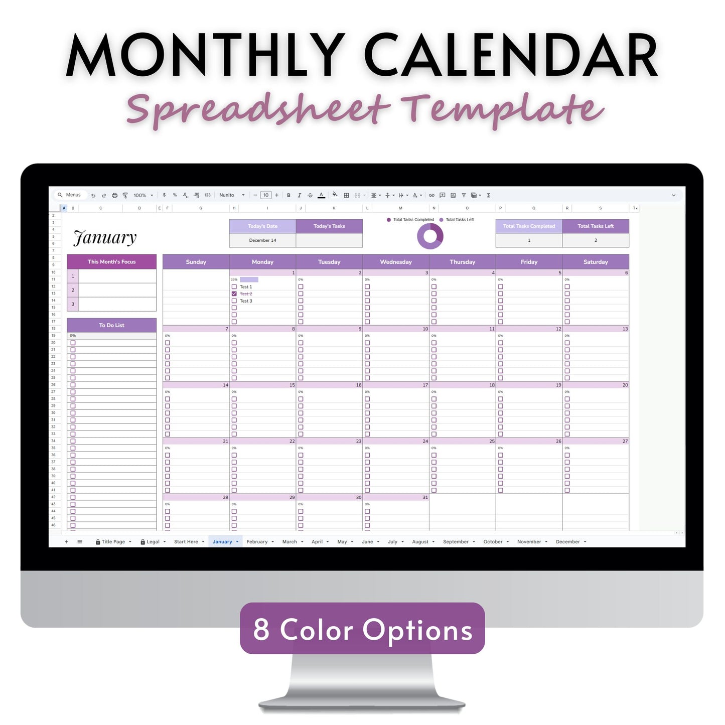 Simple Monthly Calendar Planner Spreadsheet Template