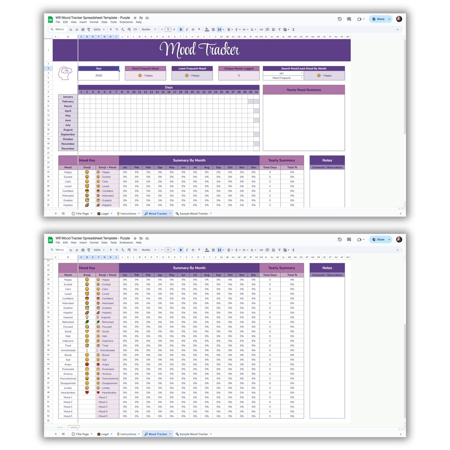 Mood Tracker Spreadsheet Template