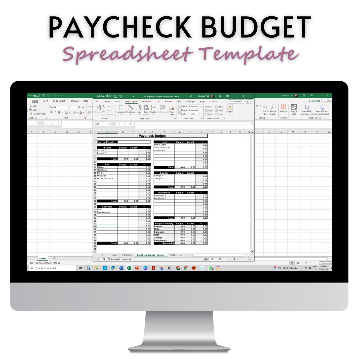 Simple Paycheck Budget Spreadsheet Template