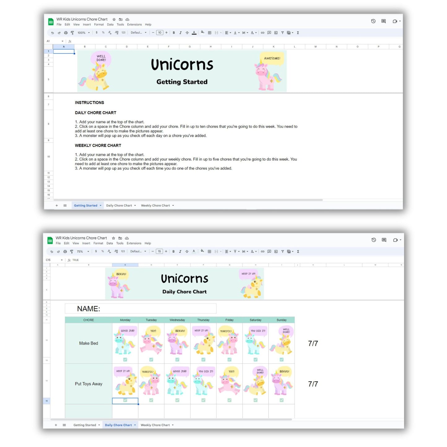 Weekly Unicorn Chore Chart Spreadsheet Template For Kids