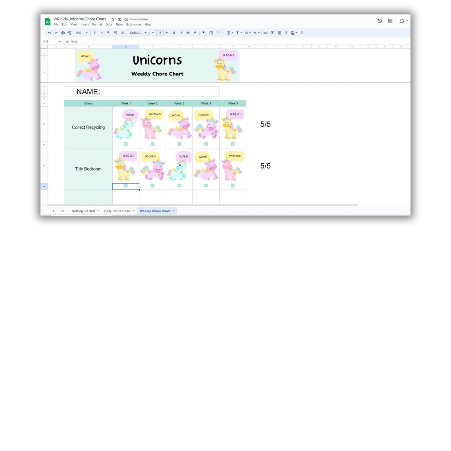 Weekly Unicorn Chore Chart Spreadsheet Template For Kids